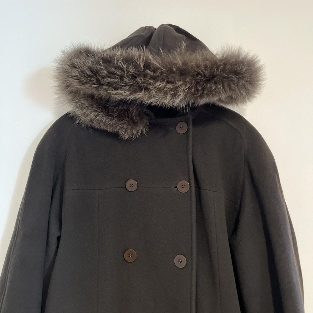 Albert Nipon Lord & Taylor Vintage Wool Fox Fur Trim Hooded Coat Brown Size 16